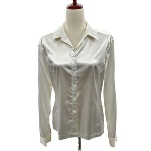 Vintage Express Ivory Satin Button Down Shirt Womens 9/10 Long Sleeve Blouse